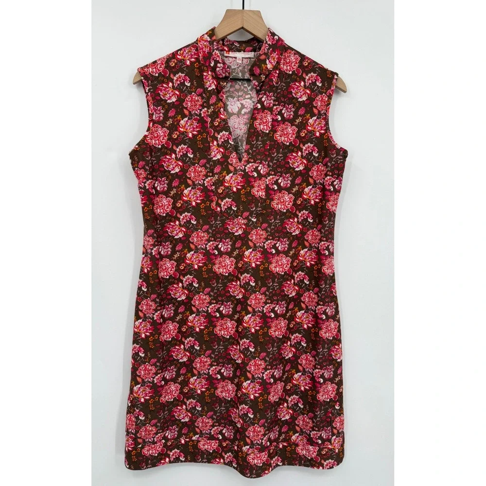 Jude Connally Dress Womens Medium Brown Pink Floral Sleeveless V-Neck Shift